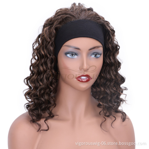 Wholesale Hair Ajustable Grip Cheap Full Attached Kinky Curly For White Black Women Brown Syntehtic Headband Wig